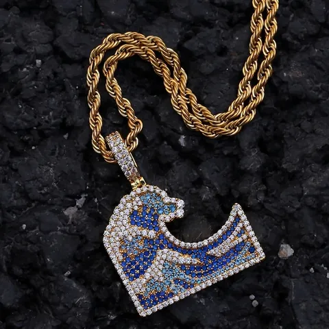 Collana con Ciondolo Grande Onda Iced Out Zirconia Colorata Rame Acciaio Inossidabile Catena a Corda Hip Hop Gioielli Unisex