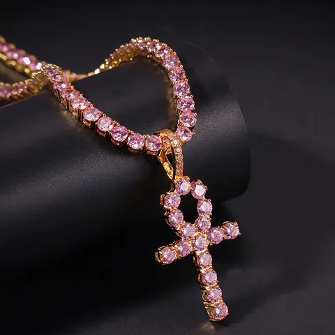 Collar de Colgante de Cruz de Ankh de Cobre con Circón Rosa Hip Hop Cadena de Tenis Chapada en Oro Plata para Hombre Mujer Joyería
