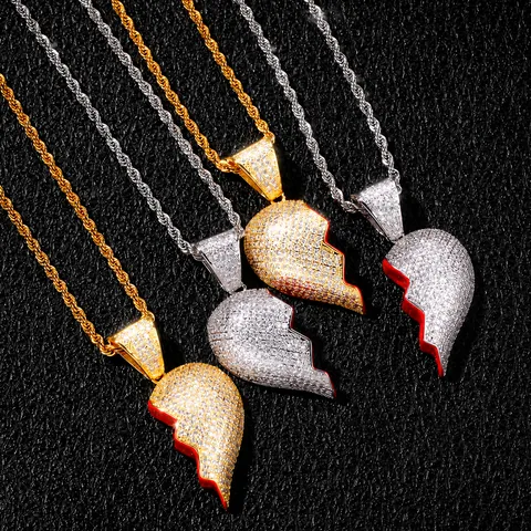 Collana con Ciondolo a Cuore Spezzato Hip Hop Rame con Intarsio in Zirconia Gioielli a Forma di Cuore Catena a Corda Oro Argento