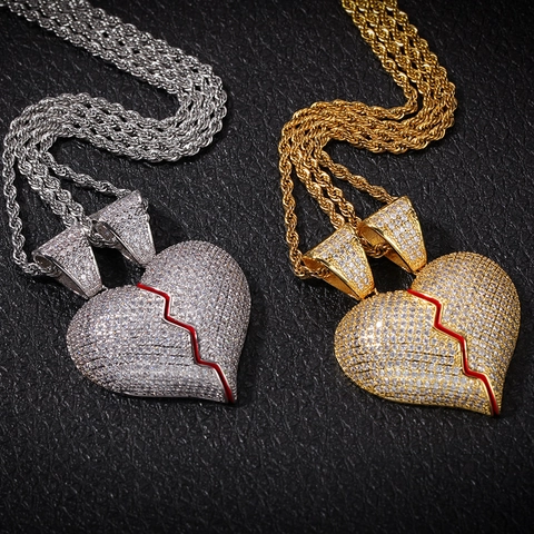 Collana con Ciondolo a Cuore Spezzato Hip Hop Rame con Intarsio in Zirconia Gioielli a Forma di Cuore Catena a Corda Oro Argento
