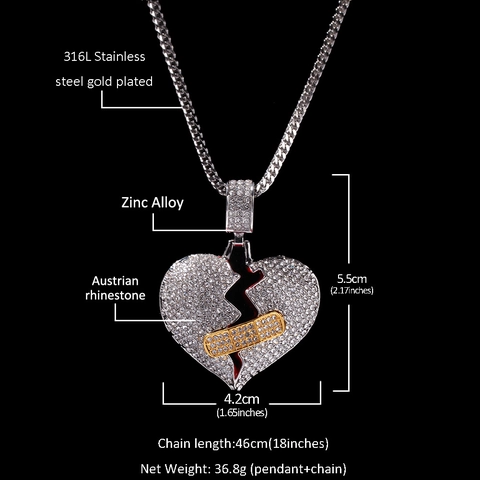 Collana con Pendente a Cuore Infranto Hip Hop Iced Out Gioielli in Lega e Strass Con Catena a Corda in Acciaio Inossidabile