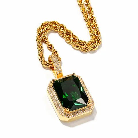 Collier Pendentif Carré en Cuivre Hip Hop avec Strass Iced Out Chaîne Torsadée en Acier Inoxydable Hommes Femmes