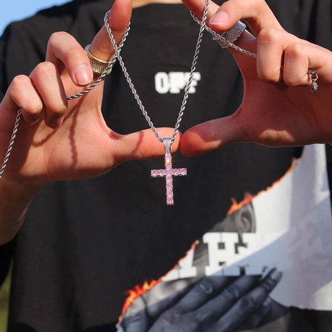 Collana con Ciondolo a Croce in Rame Hip Hop con Zirconia Catena a Corda Cubana Placcata Oro Argento Gioielli per Uomo Donna Festa