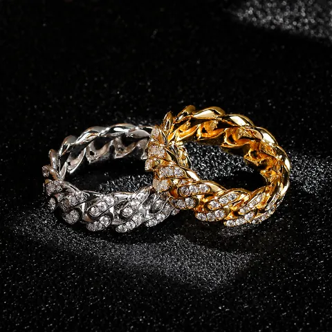 Anello Maglia Cubana Hip Hop Iced Out 8mm Rame Placcato Oro Argento Zirconia Gioielli Rap Moda Anello per Uomo Donna