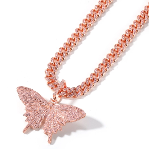 Hiphop Zirkoon Vlinder Hanger Halsketting Luxe Iced Out Koperen Sieraden Met Roestvrijstalen Cubaanse Torsieketting Unisex