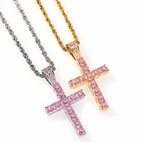 Collana con Ciondolo a Croce in Rame Hip Hop con Zirconia Catena a Corda Cubana Placcata Oro Argento Gioielli per Uomo Donna Festa