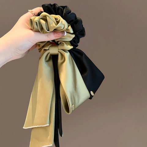 French Style Satin Ribbon Scrunchies With Bow Knot Artificial Pearl Decor Elegant Solid Color Satin Like Hair Ties For Women Ponytail Holder