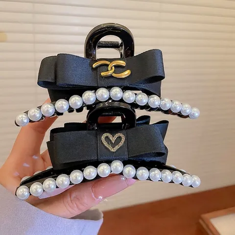 Elegante Pinza Per Capelli Con Fiocco In Raso Nero E Künstliche Perle Finte Fermaglio A Cuore Con Strass Per Donna Accessori Per Capelli