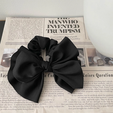 French Vintage Large Satin Bow Scrunchie Black Fabric Hair Tie For Women Elegant Oversized Bowknot Hair Accessories