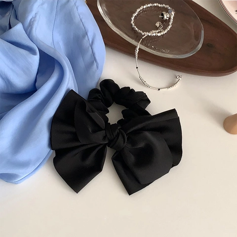 French Vintage Large Satin Bow Scrunchie Black Fabric Hair Tie For Women Elegant Oversized Bowknot Hair Accessories
