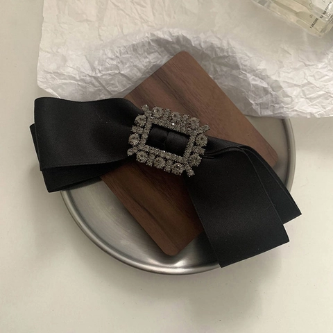 Elegant Black Satin Bow Knot Hair Clip Square Rhinestone Buckle French Vintage Hairpin For Women Ponytail Decor Jewelry