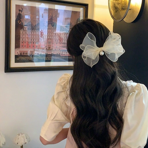 French Organza Mesh Bowknot Hair Clip For Women Elegant Large Bow Spring Clip With Artificial Pearl Vintage Hair Accessory