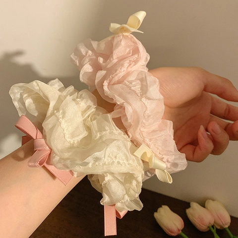 Coletero con Lazo de Cinta Estilo Ballet para Mujer Dulce Elegante Crema Rosa Anillo de Pelo de Tela Accesorios para el Cabello