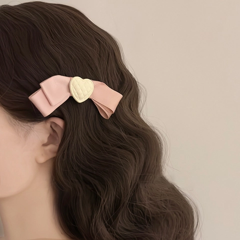 Französischer Retro Rosa Satin Schleife Haarklammer Mit Gestepptem Herz Prinzessin Entenschnabel-Clip Süß Damen Haarschmuck