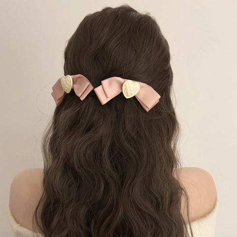 Französischer Retro Rosa Satin Schleife Haarklammer Mit Gestepptem Herz Prinzessin Entenschnabel-Clip Süß Damen Haarschmuck