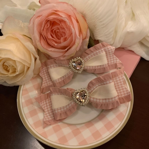 Dolce Fermaglio per Capelli Fiocco Rosa Cuore Strass Perla Artificiale Tessuto Pied de Poule Clip a Becco d'Anatra Donna