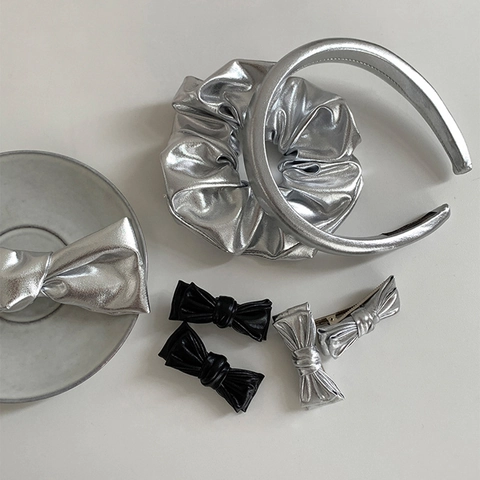 Silver Metallic Bow Hair Clip Scrunchie Headband Hair Accessories For Women Minimalist Elegant Hair Ties Barrettes Fashion Headwear