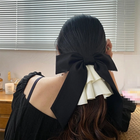 Extra Grote Satijnen Strik Haarklem Voor Dames Elegante Zwart-Wit Gerimpelde Barrette Handgemaakte Haaraccessoires