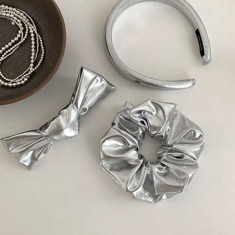 Silver Metallic Bow Hair Clip Scrunchie Headband Hair Accessories For Women Minimalist Elegant Hair Ties Barrettes Fashion Headwear