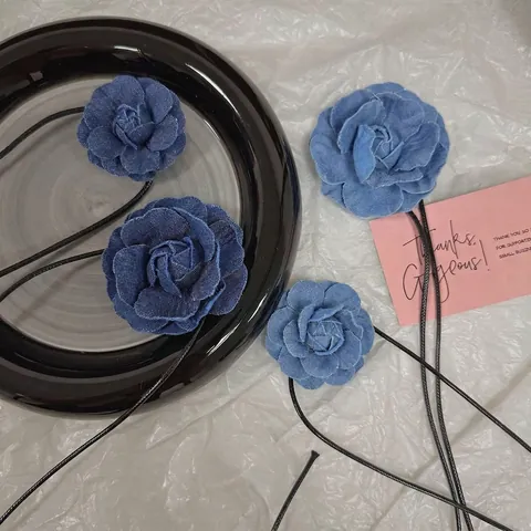 Französischer Vintage Denim Kamelie Blume Choker Halskette Für Damen Handgefertigte Stoff Floral Schnürung Halskette Retro Denim Schmuck Geschenk