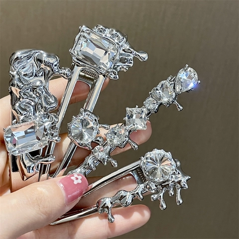 Nischendesign Flüssigmetall Lava Haarklammer Personalisiert Avantgarde Silber Strass Haarnadel Für Damen Tägliche Modeaccessoires