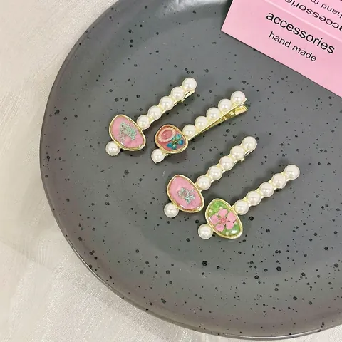 Pince à Cheveux en Perle Artificielle Style Forêt Fait à la Main Avec Fleurs Séchées Résine Alliage d'Or Pince Bec de Canard Accessoires Cheveux Femmes