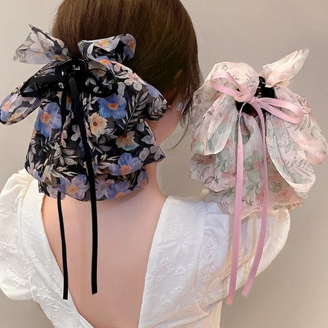 Pinza de Garra para el Cabello con Lazo Grande de Gasa Floral y Cintas Largas Estilo Coreano Dulce Accesorios de Cabello Mujer