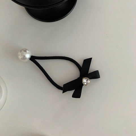 Korean Elegant Bowknot Hair Tie With Artificial Pearl And Rhinestone High Elastic Durable Scrunchie Black Women Hair Accessories