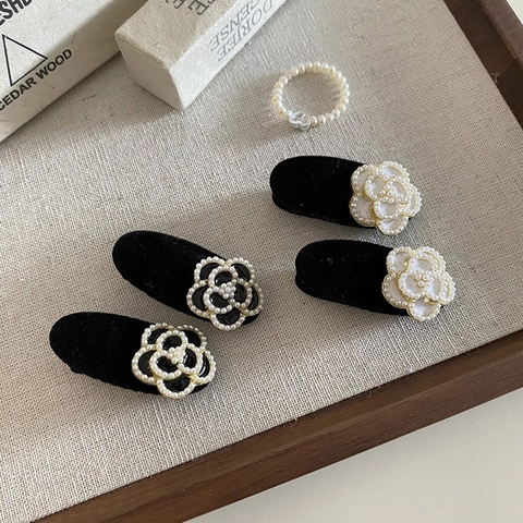Molletta per Capelli Camelia Elegante Francese Con Perla Artificiale Velluto Bianco Nero Becco Anatra per Donna Accessori Styling