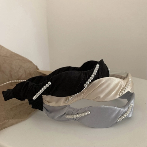 Serre-Tête Torsadé en Satin Élégant Avec Décoration de Perles Artificielles Style Coréen Accessoires de Coiffure Fait Main Femme