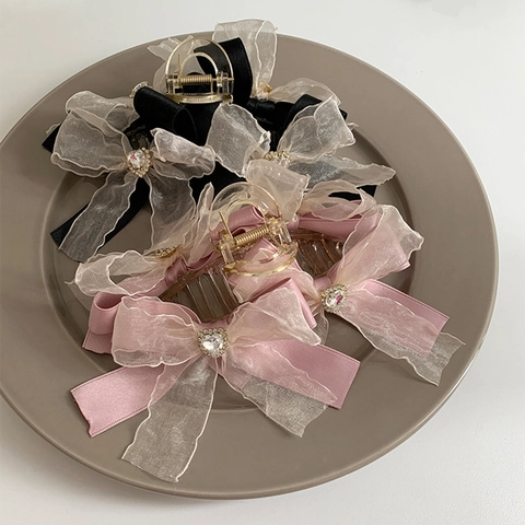 Französischer Vintage Große Haarklammer Organza Satin Schleife Haarnadel Mit Herz Strass Eleganter Haarschmuck Für Damen