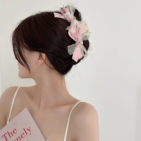 Französischer Vintage Große Haarklammer Organza Satin Schleife Haarnadel Mit Herz Strass Eleganter Haarschmuck Für Damen