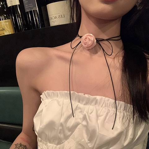 Rosa Satin Rose Haarklammer Und Choker Halskette Set Französisch Retro Schleife Haarnadel Für Damen Süßer Blumiger Halsschmuck