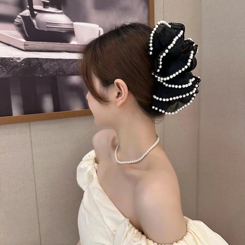 Vintage Bow Hair Claw Clip Large Organza Mesh Artificial Pearl Edge Hairpin For Women French Hepburn Style Elegant Hair Accessories