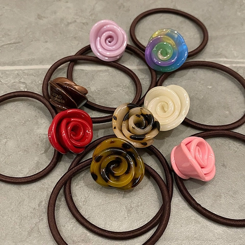 Coleteros Elásticos de Flor de Rosa de Acrílico de Estilo Coreano para Mujer Soporte de Coleta de Resina Floral Accesorios