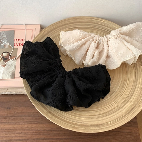 French Vintage Oversized Scrunchies Creamy White Black Polka Dot Chiffon Hair Ties For Women Elegant Daily Hair Accessories