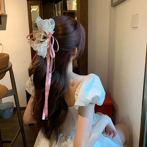 Elegante Gelaagde Organza Strik Haarklem Met Satijnen Lint Kwastjes Franse Vintage Grote Haai Clip Voor Dames Haaraccessoire