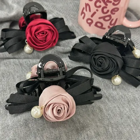 Elegant Satin Rose Hair Claw Clip With Bow Ribbon And Artificial Pearl Pendant Large Plastic Shark Clip For Women Daily Accessory