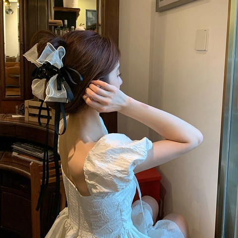 Elegante Gelaagde Organza Strik Haarklem Met Satijnen Lint Kwastjes Franse Vintage Grote Haai Clip Voor Dames Haaraccessoire