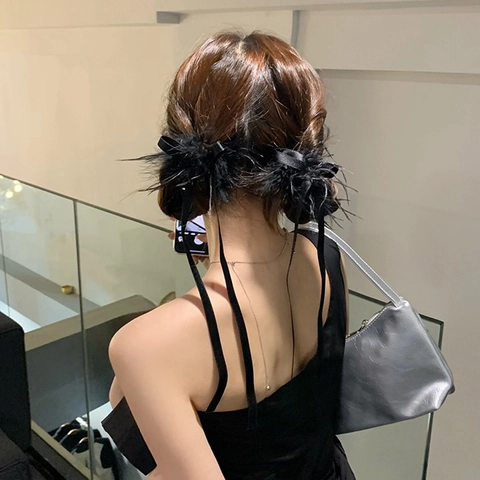 Fermaglio per Capelli con Fiocco in Piuma di Fata Elegante Nastro di Raso Pinza Shark Dolce Stile Francese Accessori per Capelli Donna