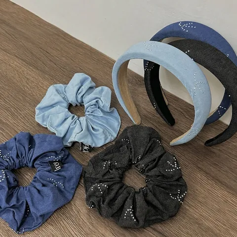 Französischer Retro Gewaschener Denim Stirnband Haargummi Set Strass Sternmuster Elegante Haarschmuck Für Damen Hoher Oberkopf