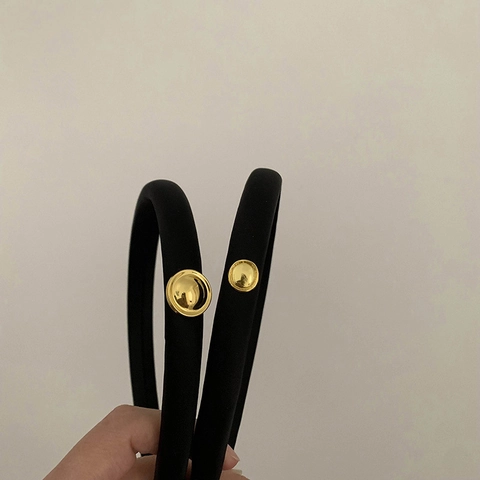 Diadema Acolchada Negra con Botón de Metal Dorado Vintage para Mujer Estilo Coreano Simple para Lavado de Cara Accesorios de Cabello