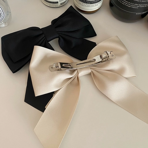 Pinza para el Cabello con Lazo de Satén Grande Estilo Francés Elegante Doble Capa Cinta de Resorte Mujer Accesorio Vintage