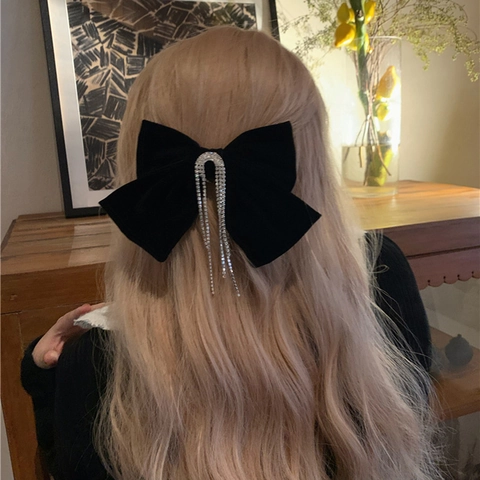 Vintage Elegante Lazo de Terciopelo Pinza para el Pelo Con Borla de Strass Estilo Francés Gran Lazo de Satén Negro Accesorios para el Cabello Mujer