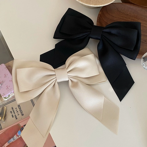 Pinza para el Cabello con Lazo de Satén Grande Estilo Francés Elegante Doble Capa Cinta de Resorte Mujer Accesorio Vintage