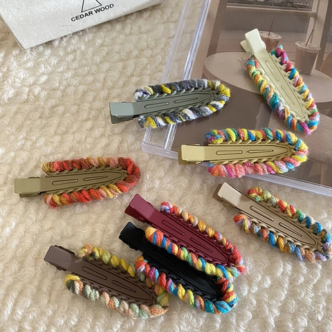 Handmade Knitted Yarn Border Duckbill Hair Clip Contrast Color Autumn Winter Metal Side Clip Sweet Girls Hair Accessories