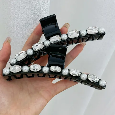 Grande Pinza per Capelli in Stile Francese in Resina Con Finta Perla Artificial e Strass Elegante Fermaglio Shark per Acconciatura Donna