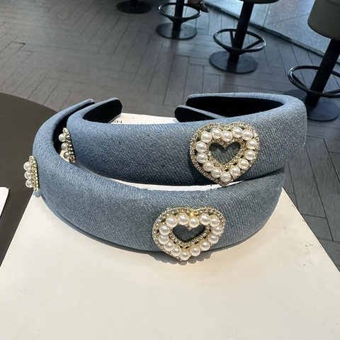 Serre-tête Rembourré en Denim Style Coréen pour Femmes Avec Cœur Perle Artificielle Strass Fait à la Main Accessoires Cheveux