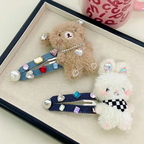 Simpatico Fermaglio per Capelli in Peluche a Forma di Orso e Coniglio in Tessuto Denim con Strass Colorati e Künstliche Perle Sintetiche