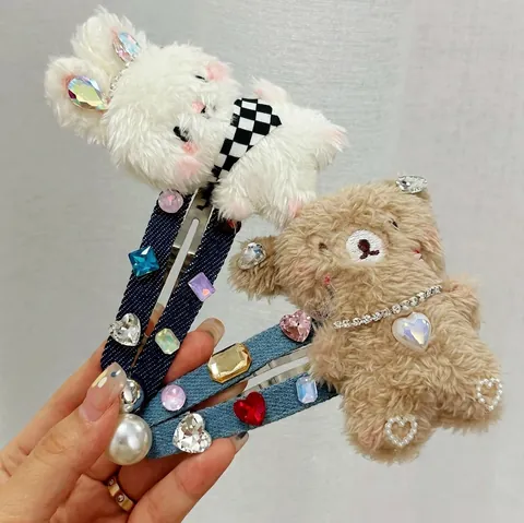 Simpatico Fermaglio per Capelli in Peluche a Forma di Orso e Coniglio in Tessuto Denim con Strass Colorati e Künstliche Perle Sintetiche